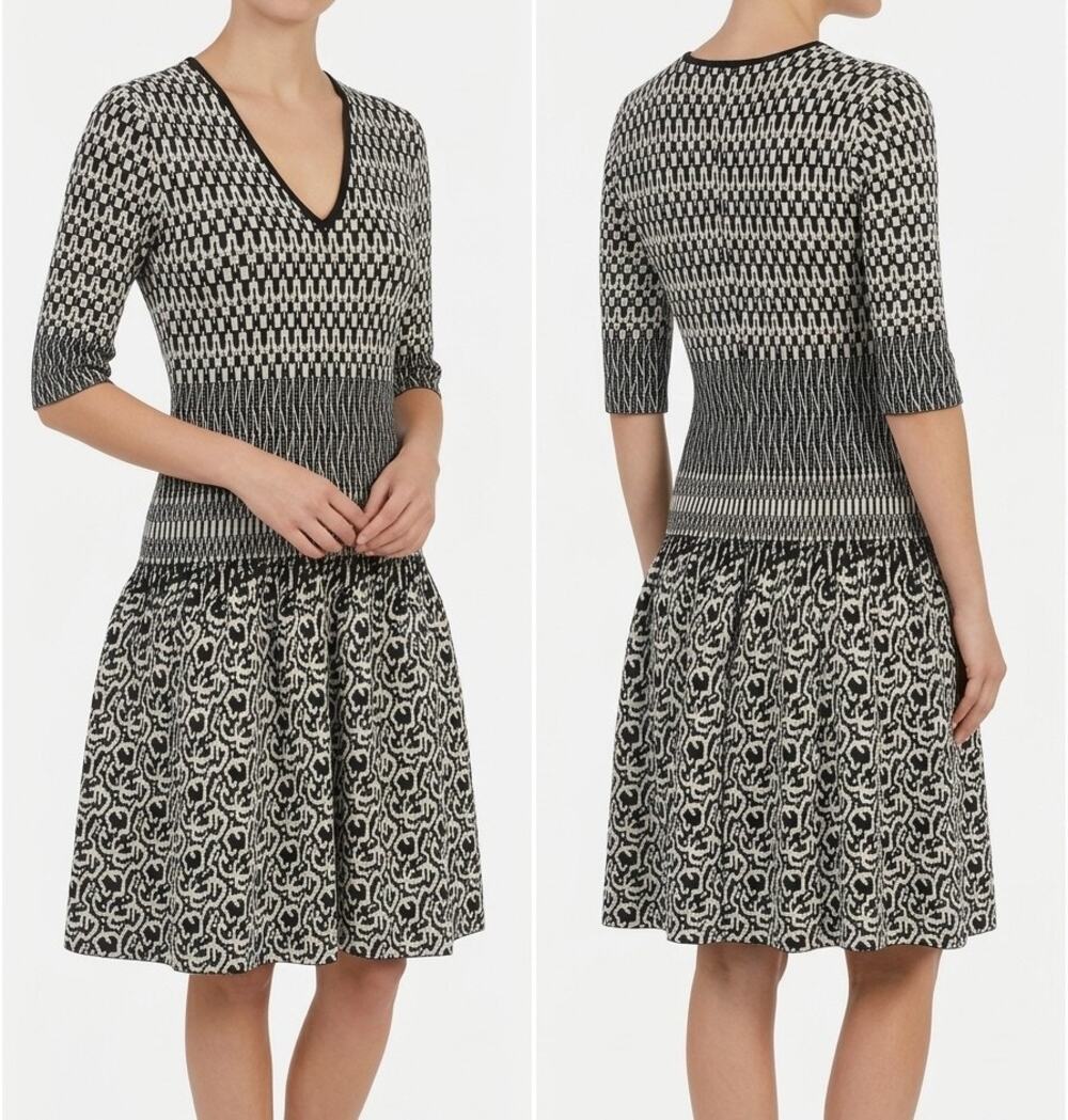 Etro 100% Wool Dress 44 IT 8 Multi Pattern Print 3/4 Sleeve Black White Shift 8